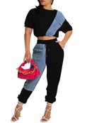 CH5467 Women  Denim Patchwork Shirt And Jogger Pants Matching Set