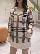 CH5507 V-neck Checkered oversized sweater