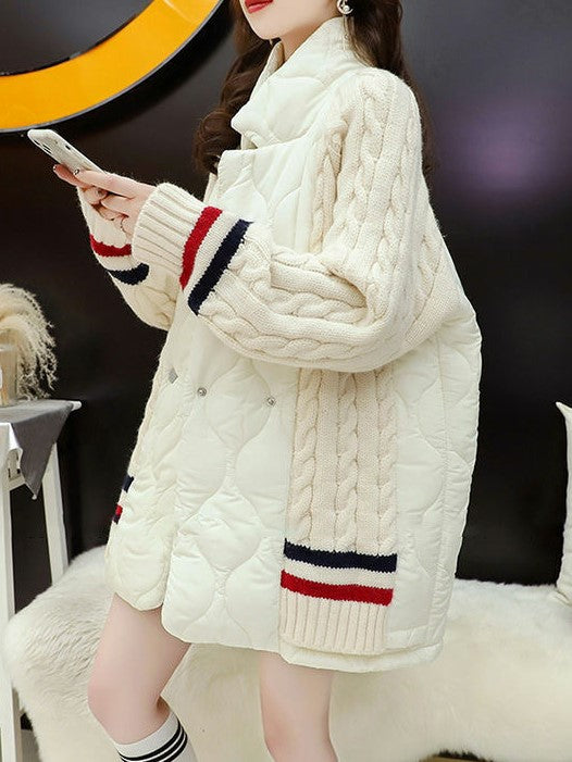 CH5479 Women's Chic Quilted Knitted Stitching Long Sleeves Twisted Cardigan Jacket