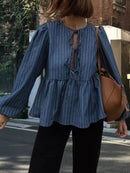 CH5512 Versatile Lace-Up Long-Sleeved Top With Vertical Stripes