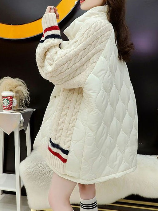 CH5479 Women's Chic Quilted Knitted Stitching Long Sleeves Twisted Cardigan Jacket