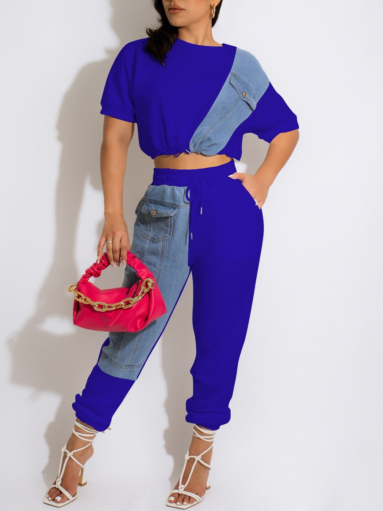 CH5467 Women  Denim Patchwork Shirt And Jogger Pants Matching Set