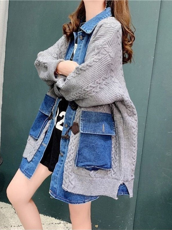 CH5476 Women's denim patchwork loose fit Cardigan