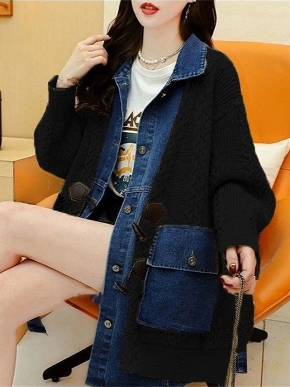 CH5476 Women's denim patchwork loose fit Cardigan