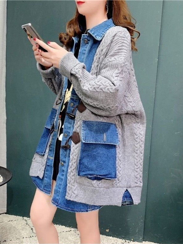 CH5476 Women's denim patchwork loose fit Cardigan