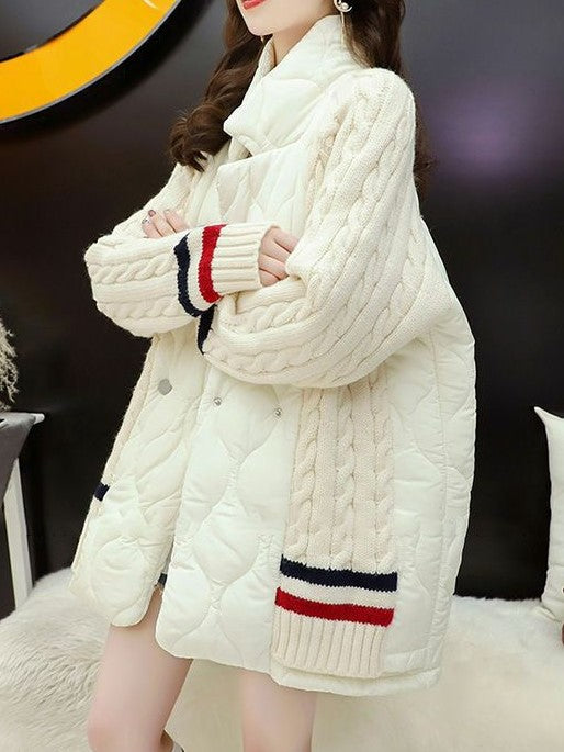 CH5479 Women's Chic Quilted Knitted Stitching Long Sleeves Twisted Cardigan Jacket