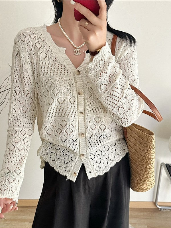 CH5514 V-Neck Plain Crop Crochet Cardigan