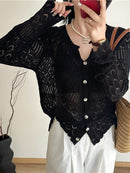 CH5514 V-Neck Plain Crop Crochet Cardigan