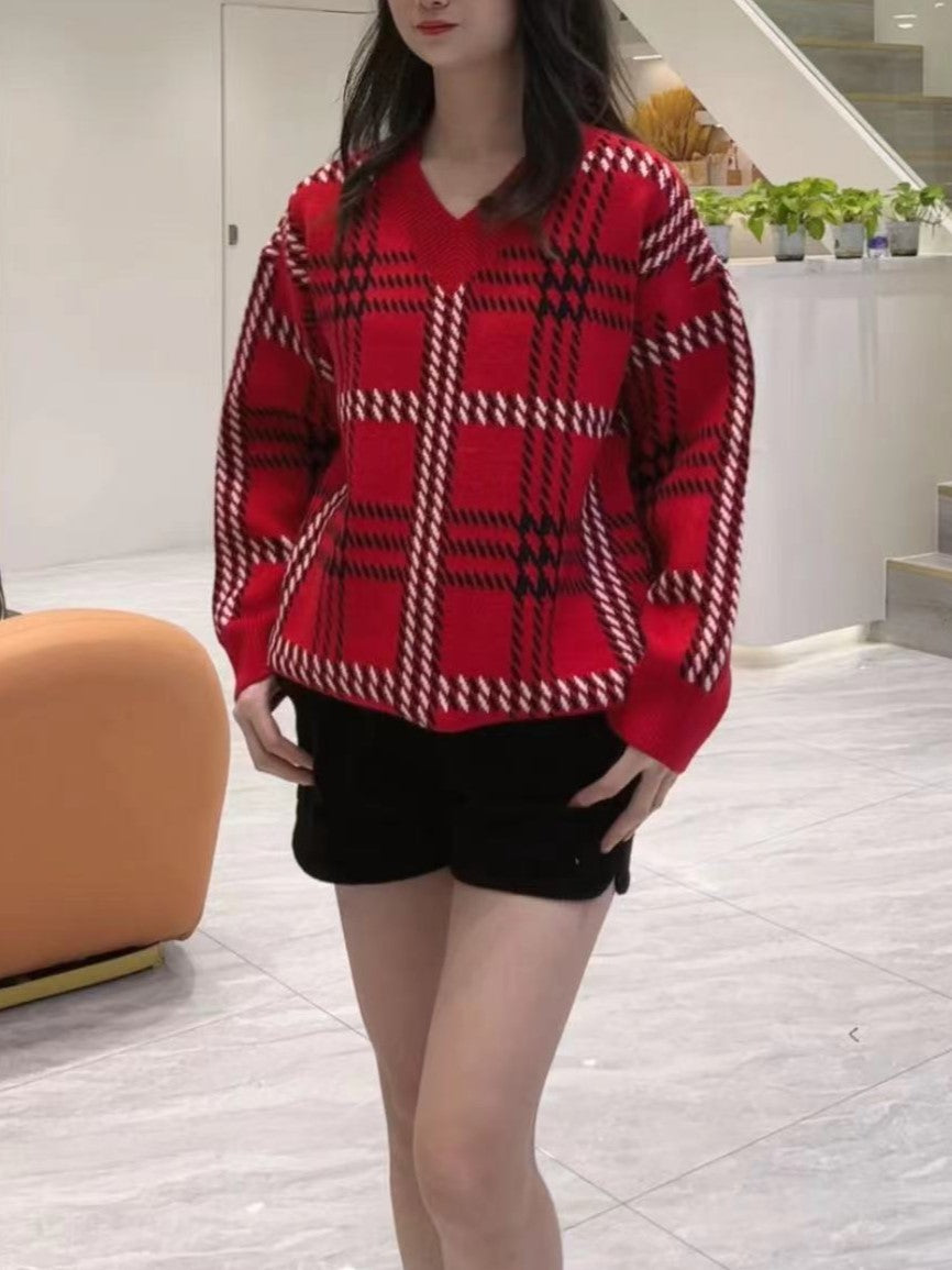 CH5507 V-neck Checkered oversized sweater