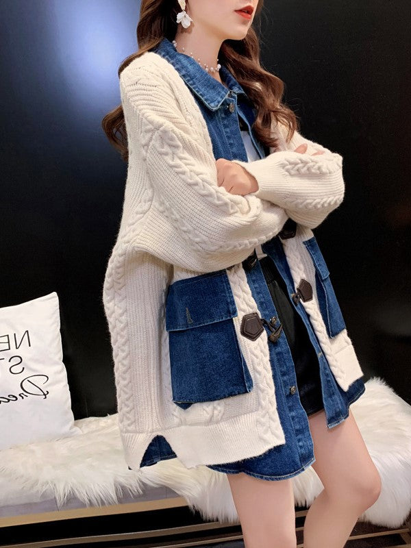 CH5476 Women's denim patchwork loose fit Cardigan